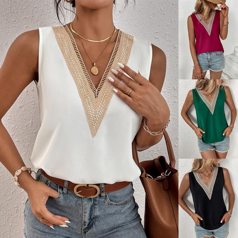 Women's Vest Sleeveless Blouses Patchwork Hollow Out Casual Basic Simple Style Solid Color