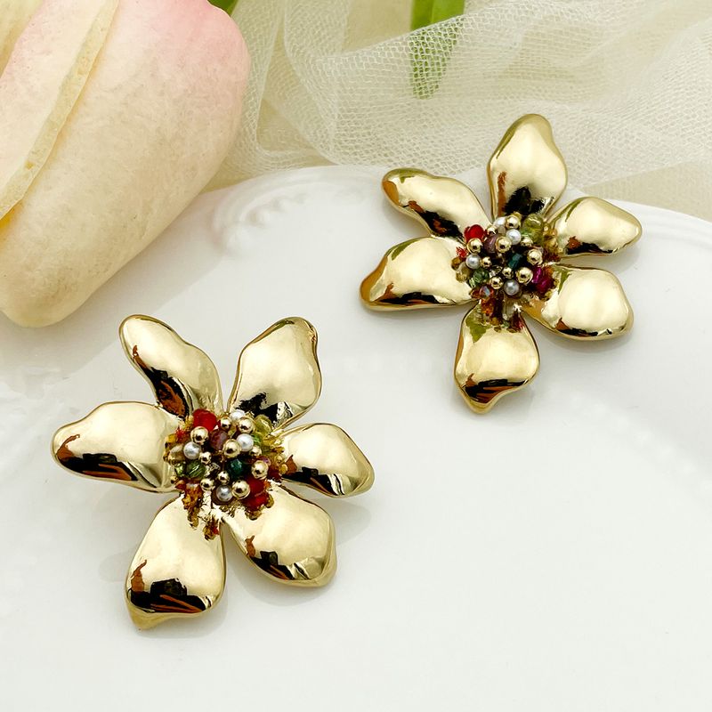 1 Pair Casual Retro Flower Plating Metal 304 Stainless Steel Beads 14K Gold Plated Ear Studs