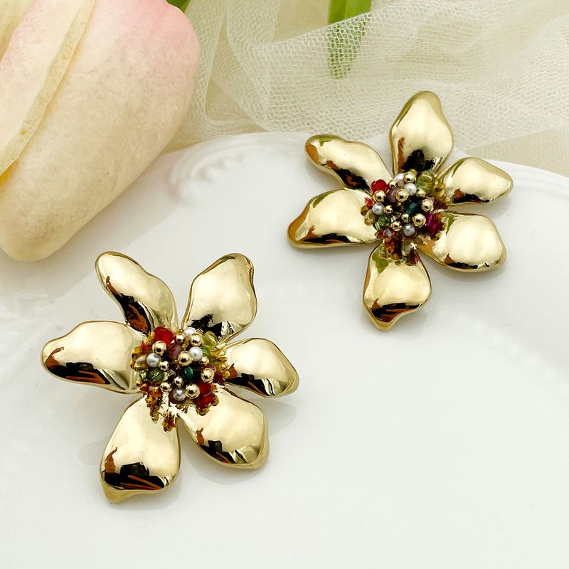 1 Par Casual Retro Flor Enchapado Metal Acero Inoxidable 304 Rosario Chapado En Oro De 14 Quilates. Pendientes