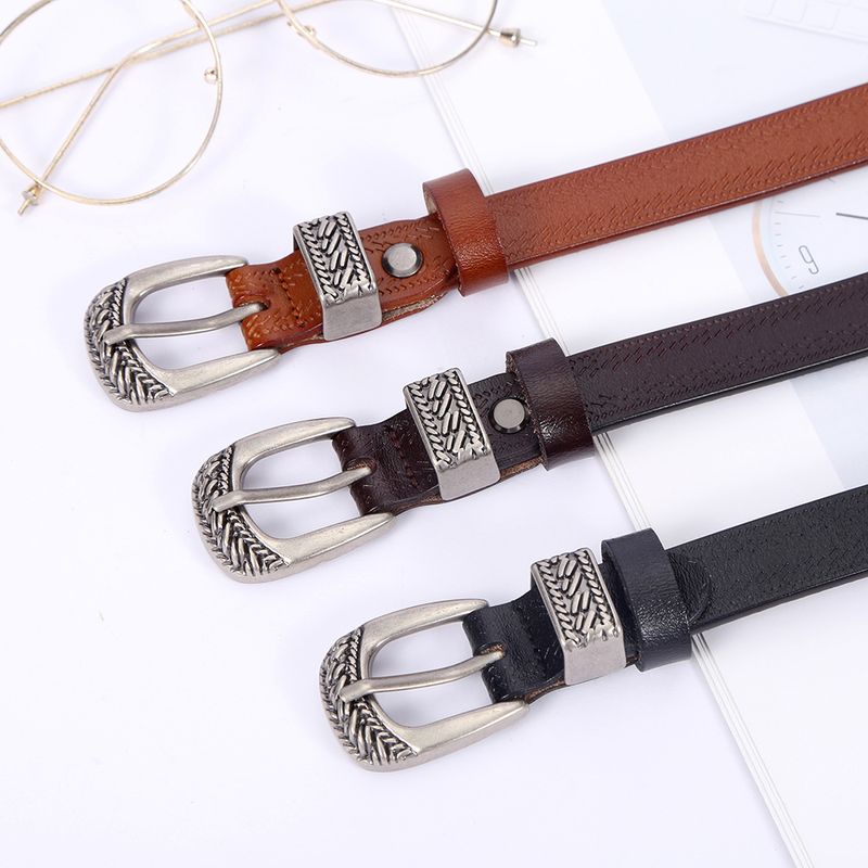 Retro Simple Style Solid Color Alloy Leather Metal Button Women's Leather Belts
