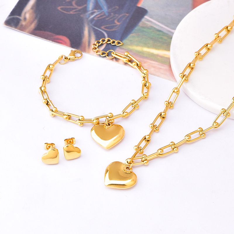 304 Stainless Steel 18K Gold Plated Sweet Plating Heart Shape Lock Bracelets Earrings Necklace