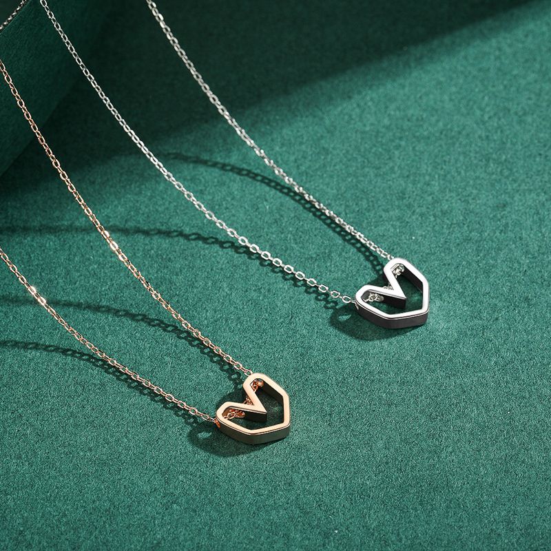 Ins Style Simple Style Heart Shape Sterling Silver Plating Hollow Out Rose Gold Plated Rhodium Plated Necklace