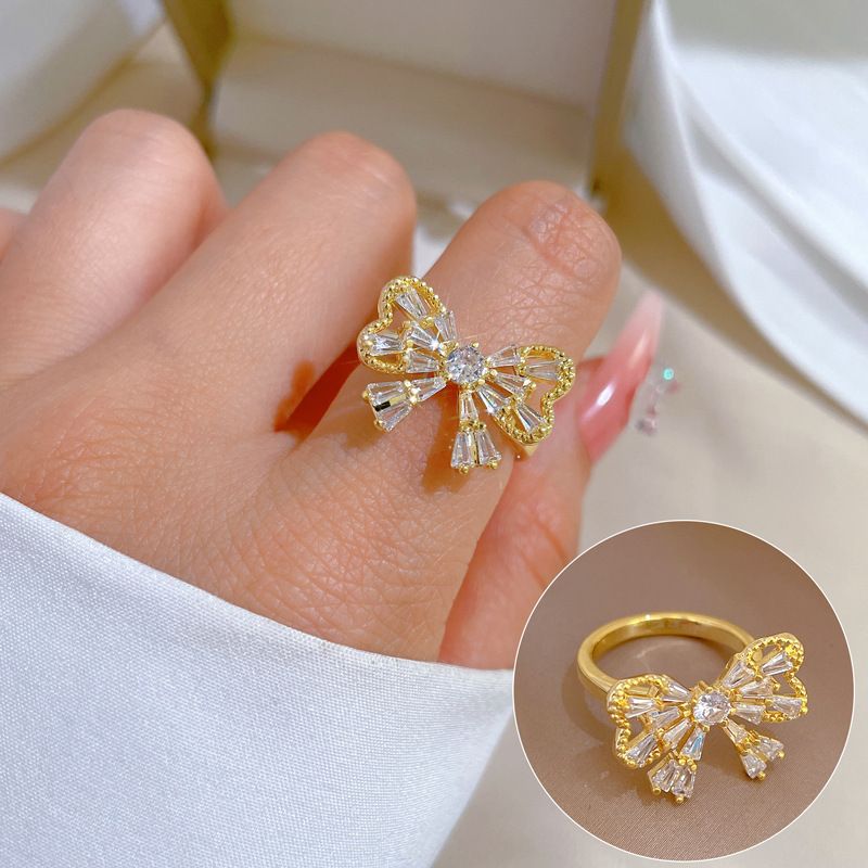 Brass Simple Style Plating Inlay Bow Knot Zircon Open Ring