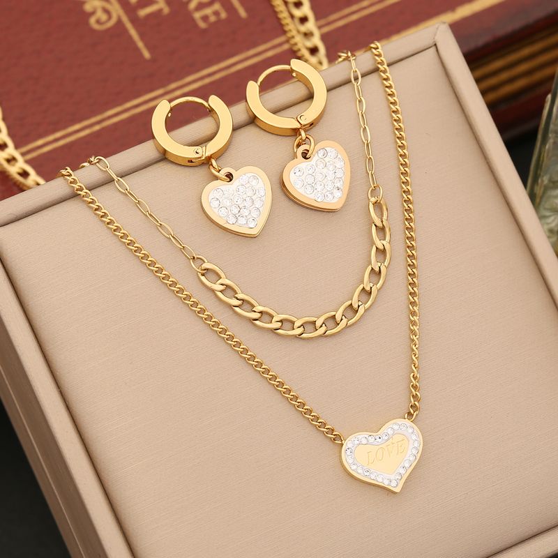 Stainless Steel 18K Gold Plated Retro Simple Style Inlay Heart Shape Artificial Diamond Bracelets Earrings Necklace