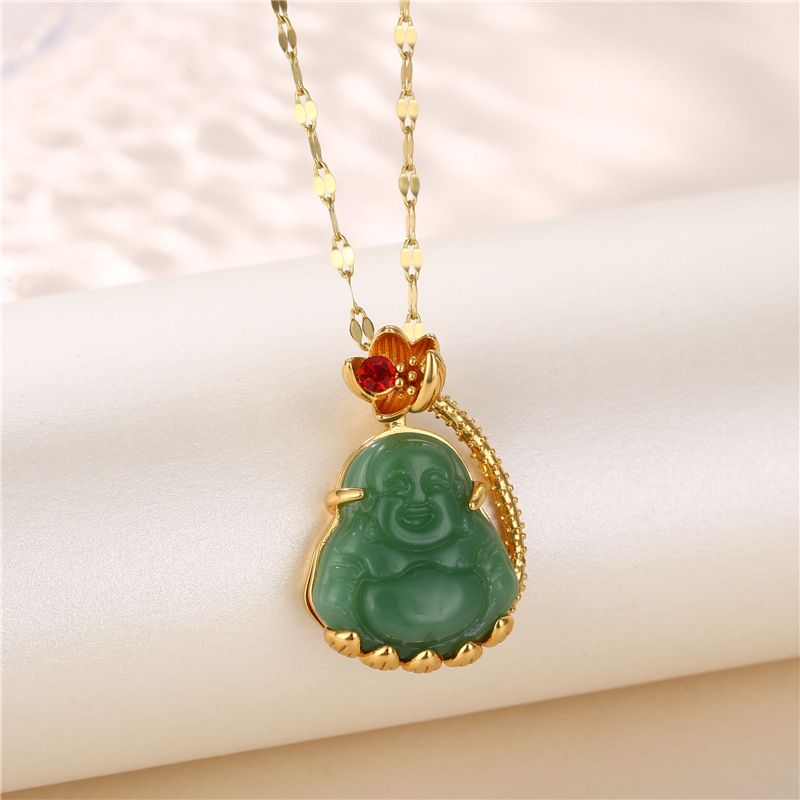 Chinoiserie Portrait Stainless Steel Titanium Steel Plating Inlay Jade Zircon 18k Gold Plated Gold Plated Pendant Necklace