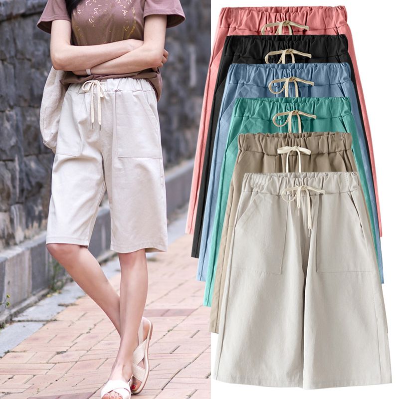 Women's Daily Casual Solid Color Knee Length Pocket Patchwork Casual Pants Wide Leg Pants