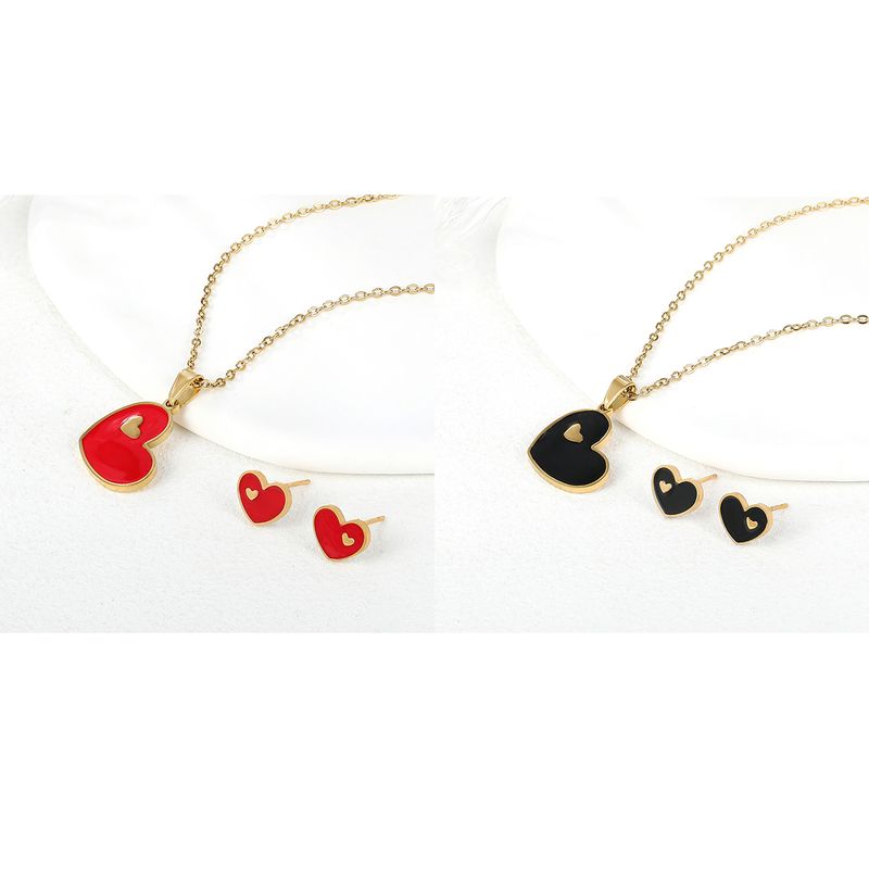 201 Stainless Steel 18K Gold Plated Romantic Sweet Enamel Plating Heart Shape Earrings Necklace
