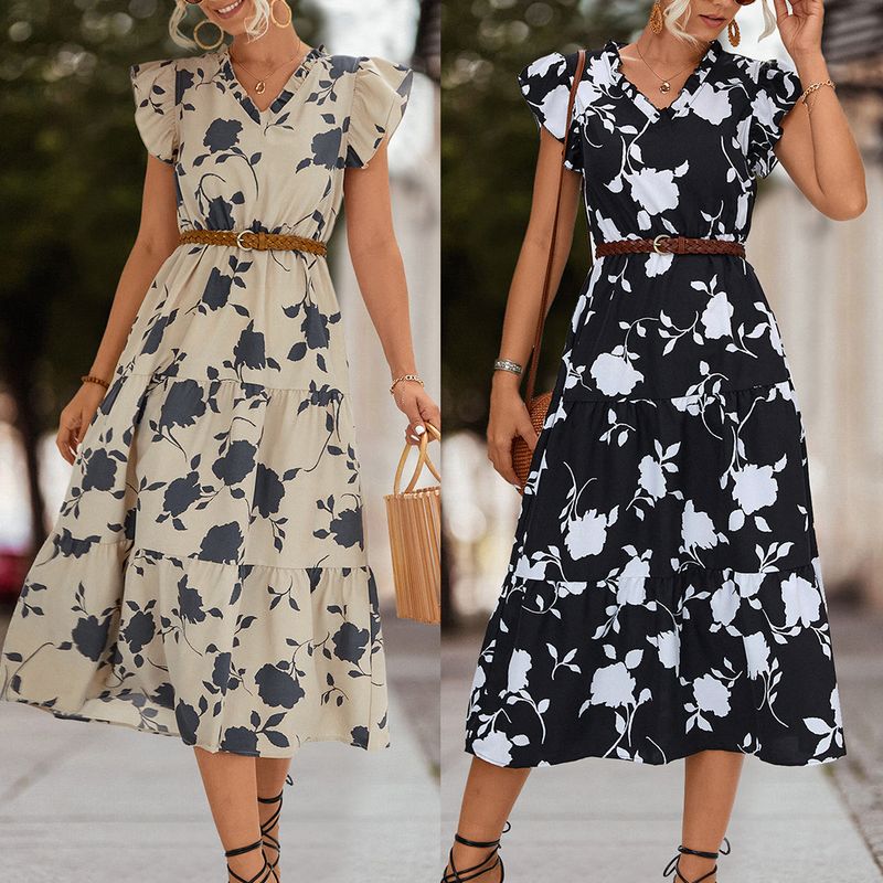 Women's A-line Skirt Casual V Neck Printing Short Sleeve Flower Midi Dress Daily