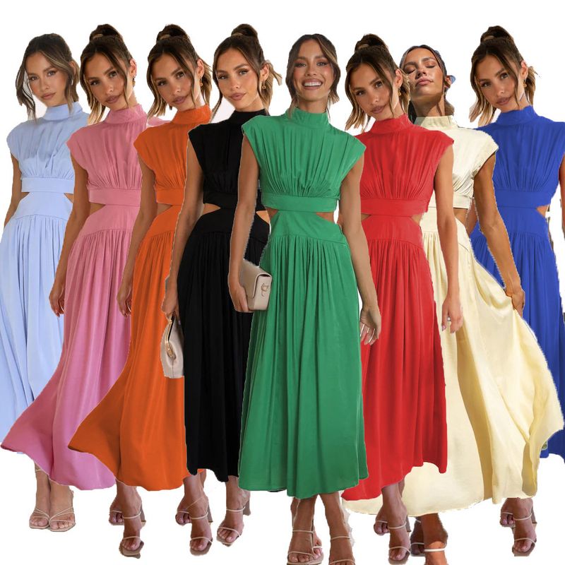 Women's A-line Skirt Streetwear Standing Collar Sleeveless Solid Color Midi Dress Street
