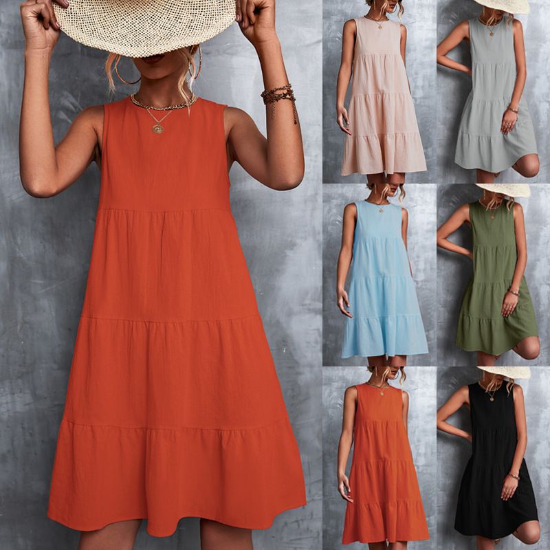 Women's Swing Dress Casual Round Neck Pleated Sleeveless Solid Color Above Knee Daily