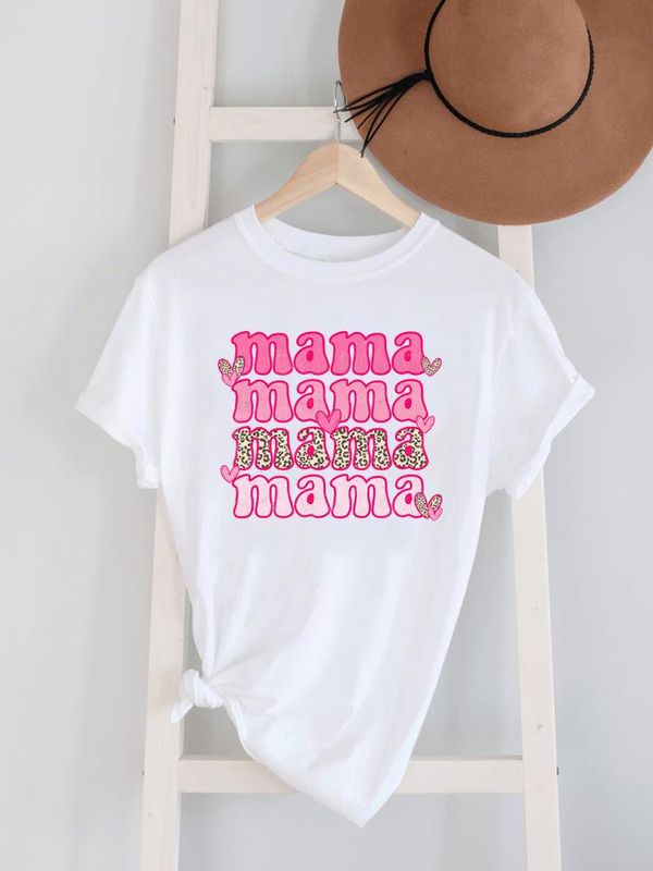 Mujeres Camiseta De Manga Corta Manga Corta Camisetas Impresión Casual Mamá Letra Flor Leopardo