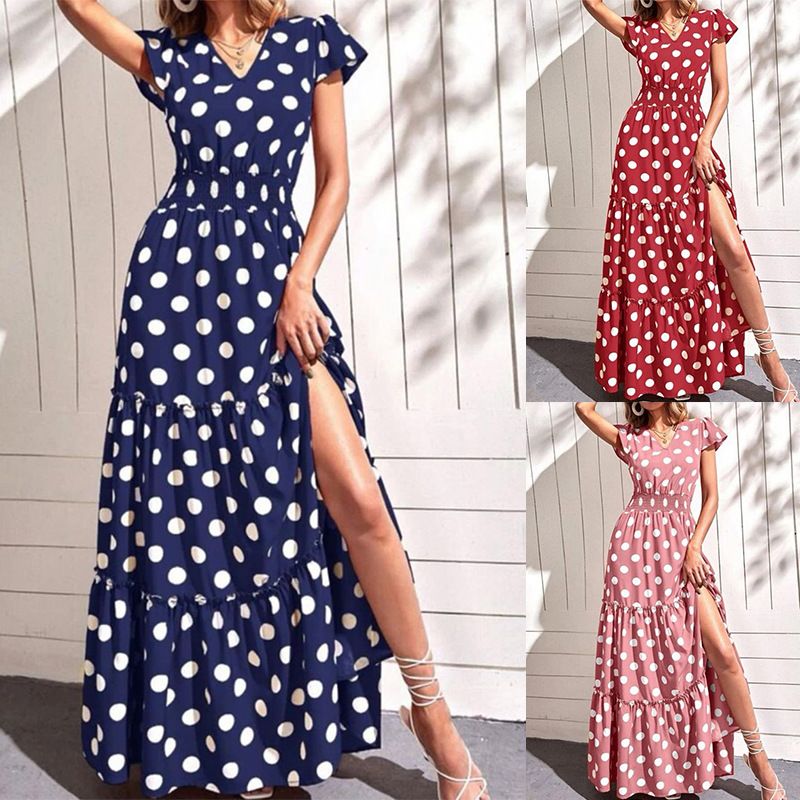 Damen A-linie Rock Eleganter Klassischer Stil V-ausschnitt Kurze Ärmel Polka Dots Maxi Langes Kleid Urlaub