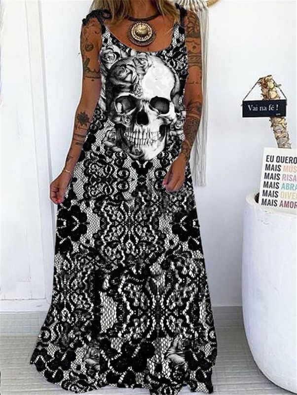 Frau Rock In A-linie Punk V-ausschnitt Drucken Ärmellos Drucken Maxi Langes Kleid Täglich