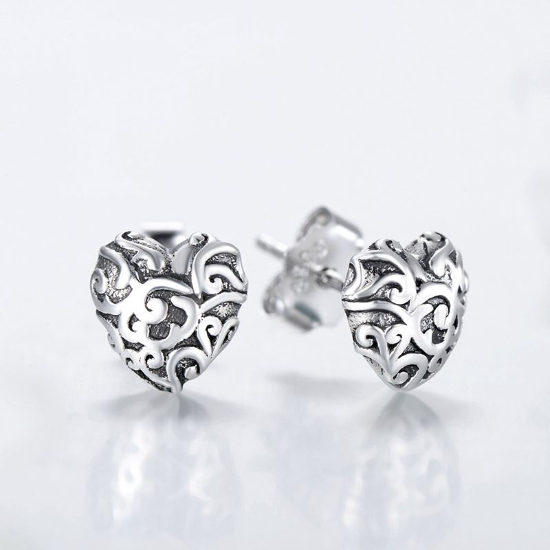 1 Par Retro Forma De Corazón Plata Esterlina Enchapado Embutido Circón Pendientes