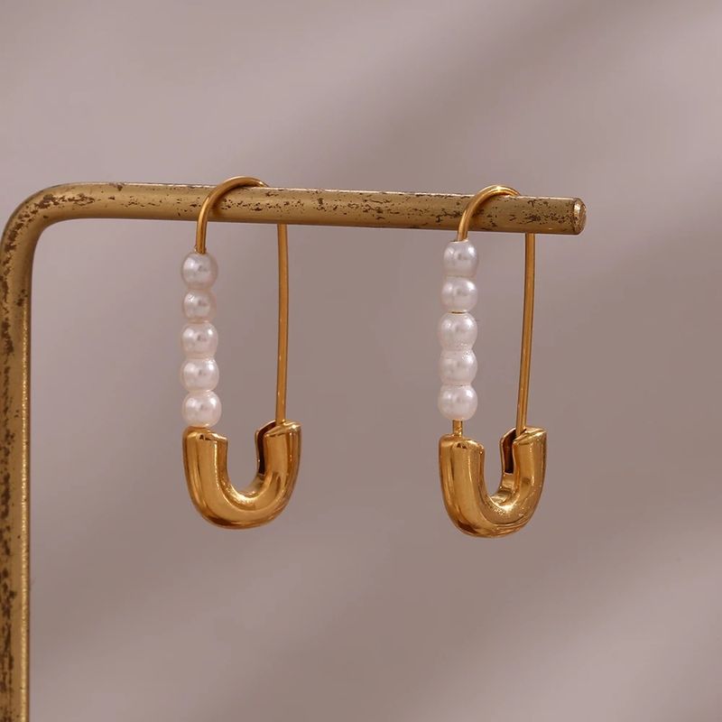 1 Pair Lady Paper Clip Imitation Pearl Titanium Steel Plating Earrings