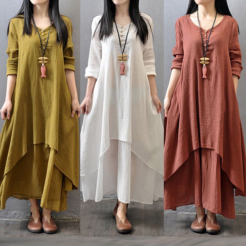 Women's A-line Skirt Simple Style V Neck Patchwork Long Sleeve Solid Color Maxi Long Dress Daily