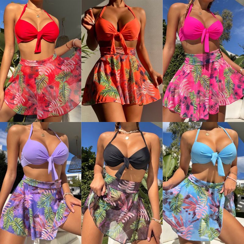 Mujeres Vacaciones Sexy Playa Impresión Hoja Juego De 3 Piezas Bikinis