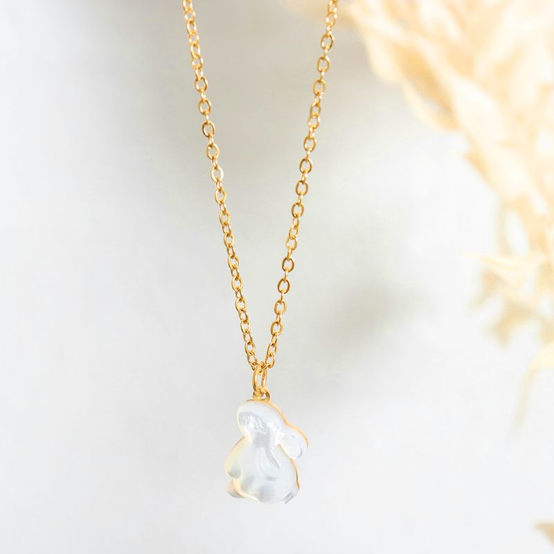 Cute Rabbit Titanium Steel Inlay Shell 18k Gold Plated Pendant Necklace
