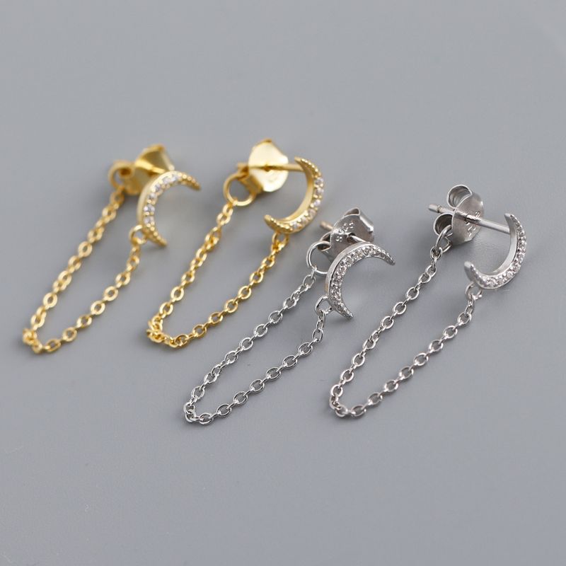 1 Pair Simple Style Moon Sterling Silver Tassel Inlay Zircon Earrings