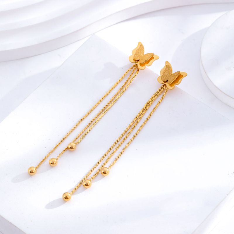 1 Pair Elegant Sweet Heart Shape Butterfly Inlay 304 Stainless Steel Rhinestones 18K Gold Plated Drop Earrings