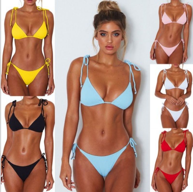 Women's Solid Color Backless 2 Piece Set Bikinis