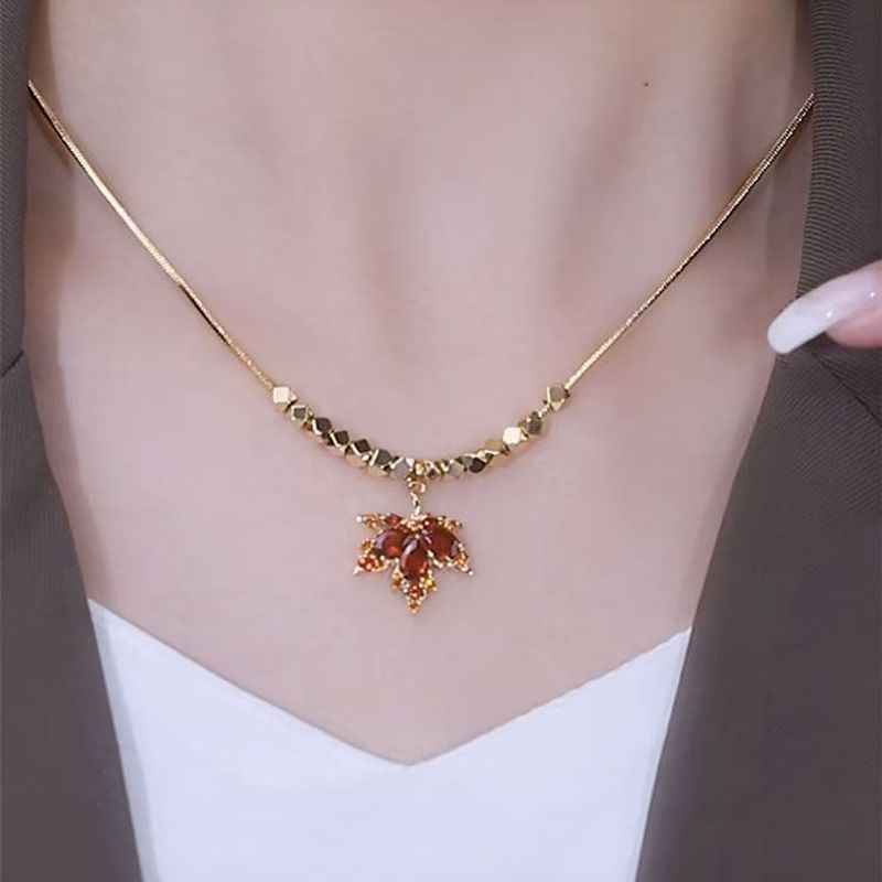 Elegant Maple Leaf Alloy Titanium Steel Inlay Zircon Women's Rings Necklace
