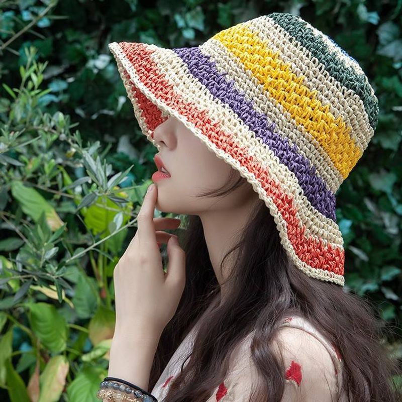 Women's Vacation Stripe Wide Eaves Straw Hat