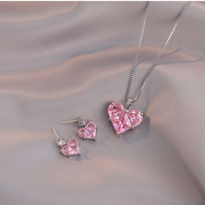 Sweet Heart Shape Titanium Steel Inlay Zircon Women's Earrings Necklace Jewelry Set