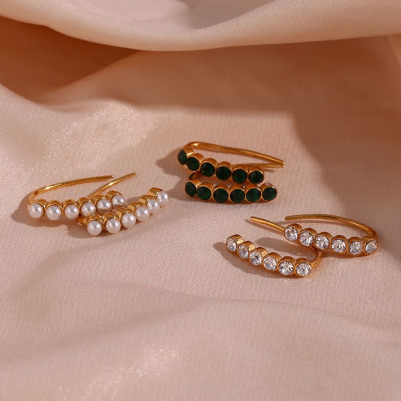 Style Moderne Forme En U Acier Inoxydable Placage Incruster Perles Artificielles Strass Plaqué Or 18k Femmes Boucles D'oreilles