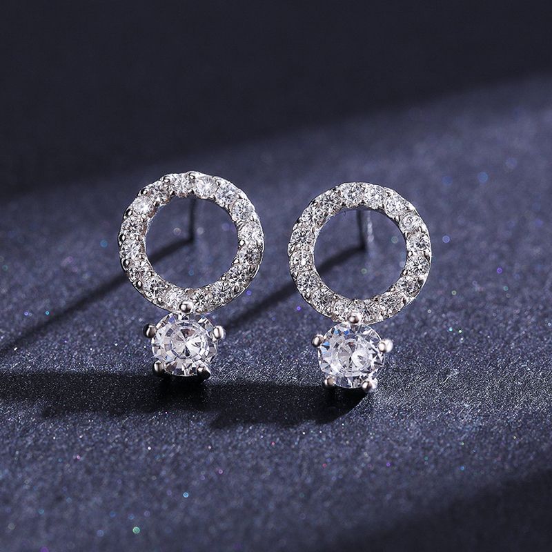 1 Pair Ins Style Casual Round Sterling Silver Plating Inlay Zircon Rhodium Plated Ear Studs