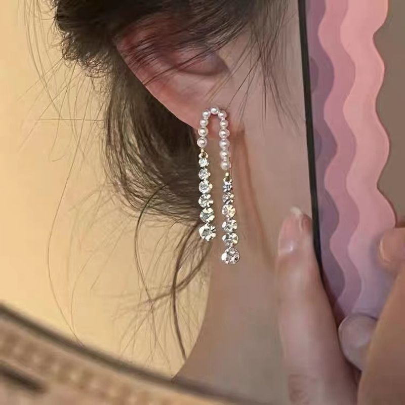 Glam Tassel Alloy Inlay Artificial Pearls Rhinestones Women's Drop Earrings