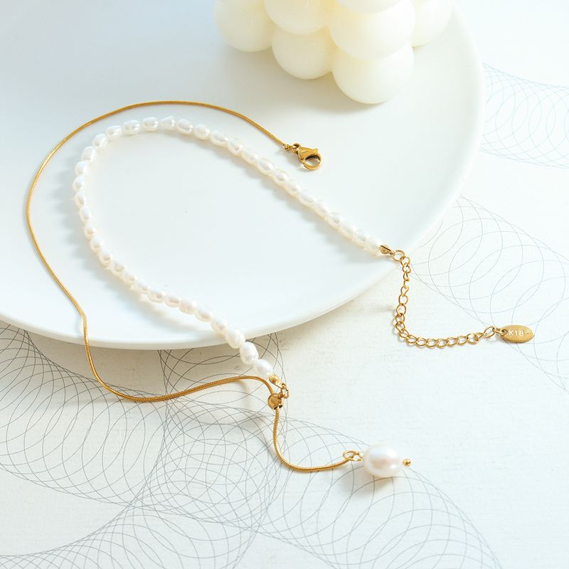 Wholesale Elegant Luxurious Baroque Style Geometric Freshwater Pearl Titanium Steel 18k Gold Plated Necklace