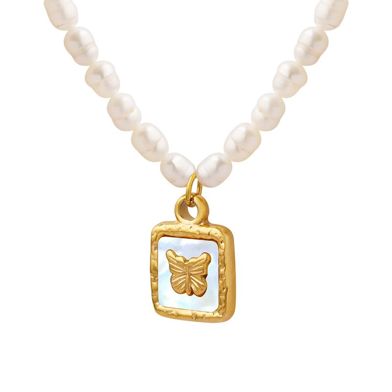 Elegant Luxuriös Schmetterling Süßwasserperle Titan Stahl Überzug Inlay Hülse 18 Karat Vergoldet Halskette