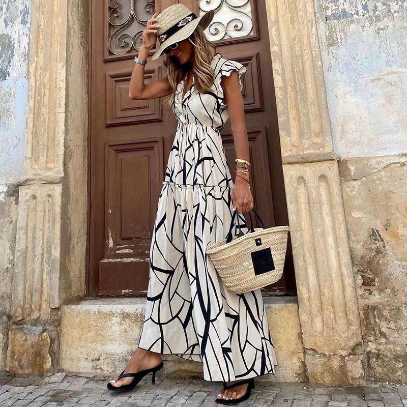 Women's Swing Dress Streetwear V Neck Printing Lettuce Trim Short Sleeve Geometric Maxi Long Dress Street