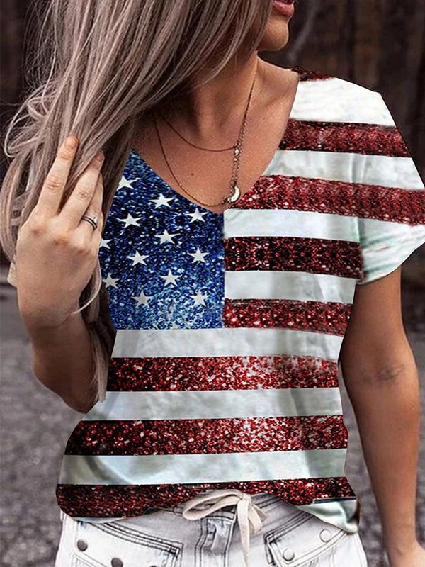 Mujeres Camiseta De Manga Corta Manga Corta Camisetas Impresión Ropa De Calle Bandera Estadounidense