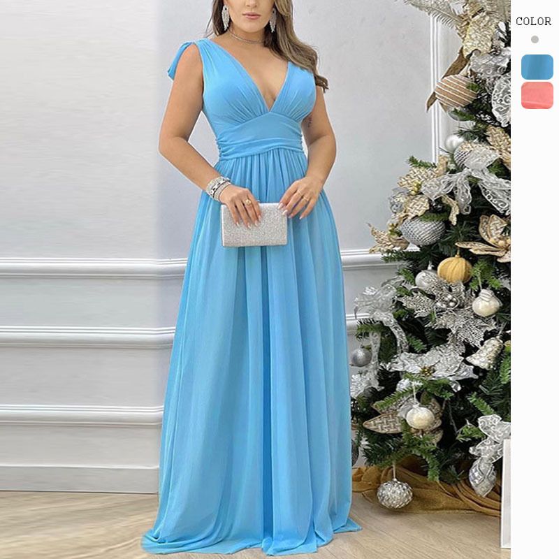 Women's A-line Skirt Elegant V Neck Patchwork Backless Sleeveless Solid Color Maxi Long Dress Banquet Cocktail Party