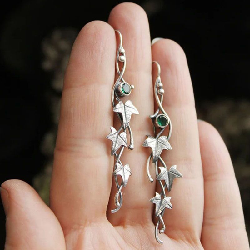 Retro Leaf Metal Inlay Rhinestones Women's Drop Earrings