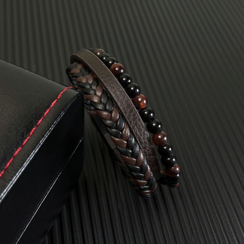 Hip-Hop Vintage Style Round 304 Stainless Steel Pu Leather Braid Artificial Leather Men'S Bracelets