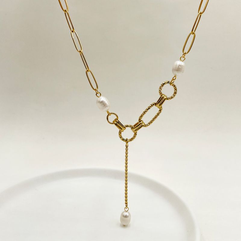 304 Stainless Steel Gold Plated Modern Style Polishing Pearl Plating Round Oval Pearl Necklace