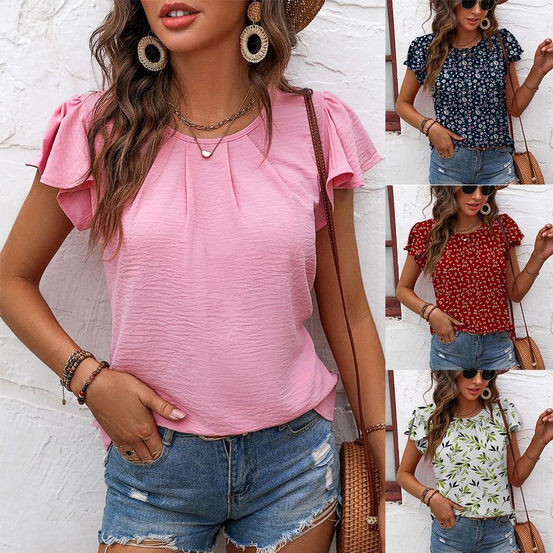 Women's Blouse Short Sleeve Blouses Printing Elegant Ditsy Floral Solid Color