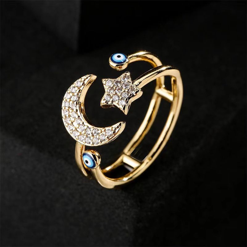 Retro Cool Style Devil's Eye Star Moon Copper Plating Inlay Zircon Open Ring