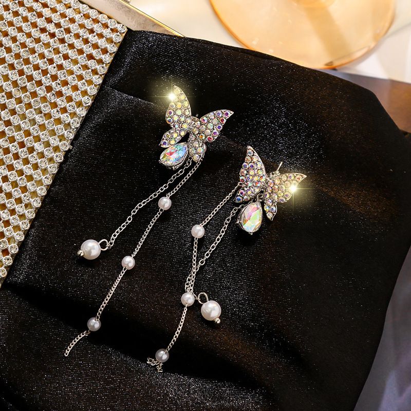 1 Paar Elegant Prinzessin Süss Schmetterling Überzug Inlay Legierung Künstliche Perlen Strasssteine Tropfenohrringe