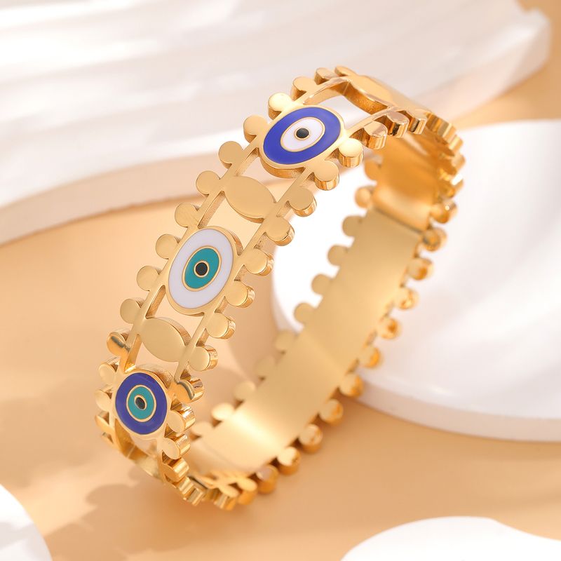 French Style Artistic Eye Titanium Steel Epoxy Plating Inlay Rhinestones Gold Plated Bangle