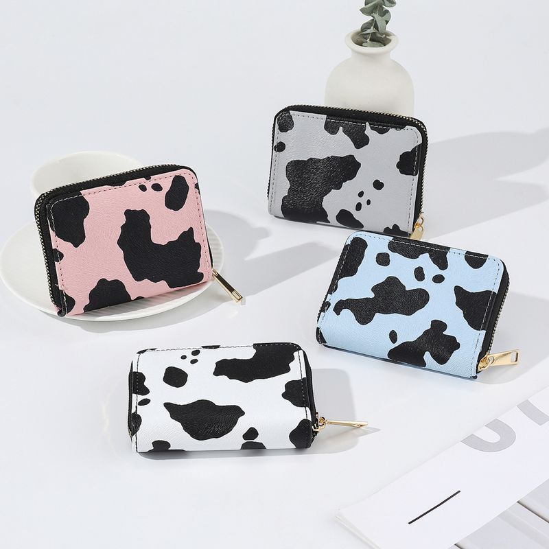 Unisex Cow Pattern Pu Leather Zipper Card Holders