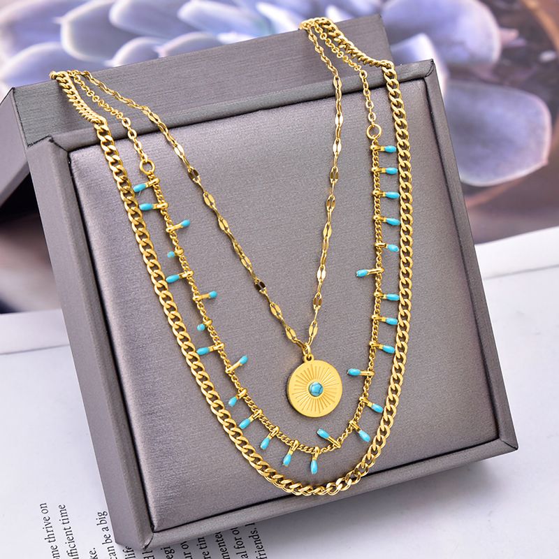 Vintage Style Exaggerated Round Titanium Steel Plating Inlay Turquoise 18k Gold Plated Layered Necklaces