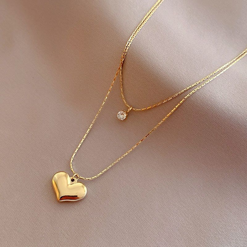 304 Stainless Steel 18K Gold Plated IG Style Plating Inlay Heart Shape Artificial Rhinestones Layered Necklaces