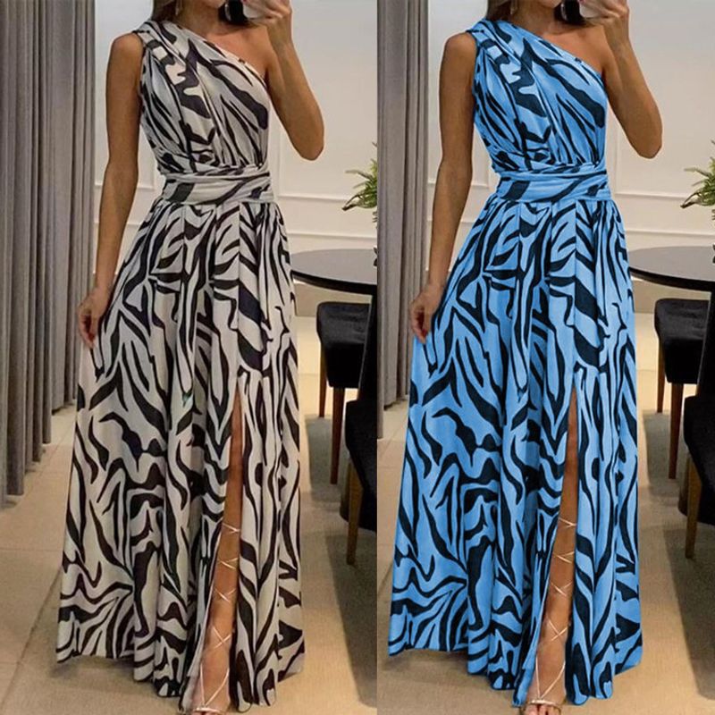 Femmes Robe Fendue Sexy Collier Incliné Patchwork Sans Manches Impression Maxi Longue Robe Banquet