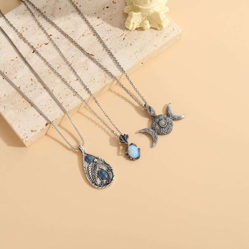 Vintage Style Leaf Moon Water Droplets Alloy Enamel Inlay Natural Stone Women's Pendant Necklace