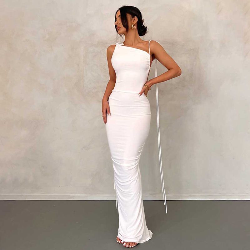 Women's Bodycon Dress Elegant Sexy Oblique Collar Ruched Backless Sleeveless Solid Color Maxi Long Dress Banquet Cocktail Party