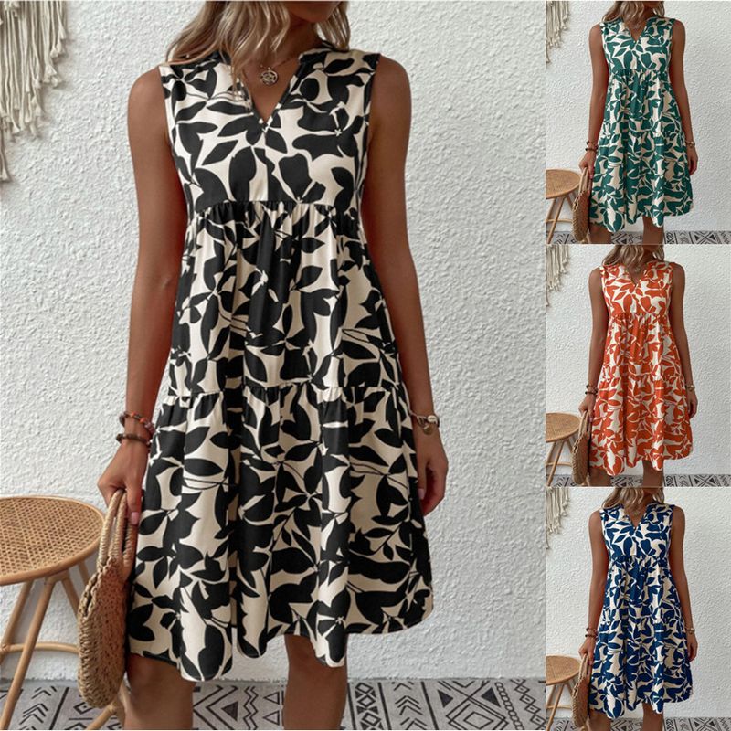 Women's A-line Skirt Casual V Neck Printing Sleeveless Leaf Knee-length Daily